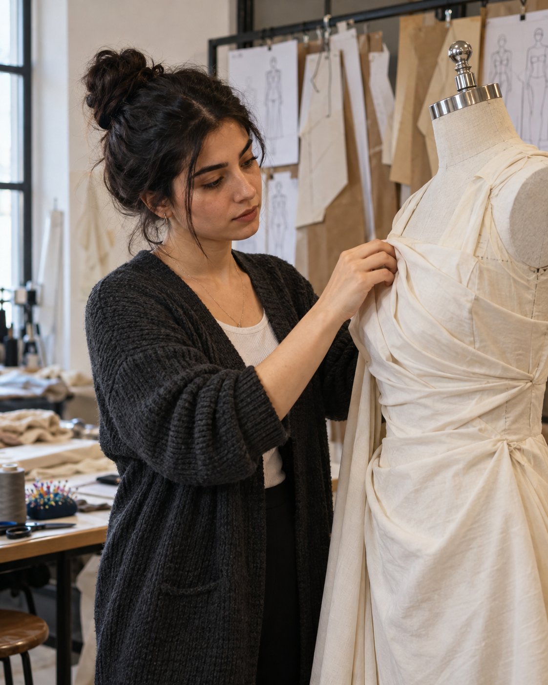 Moda atölyesinde çalışan öğrenci